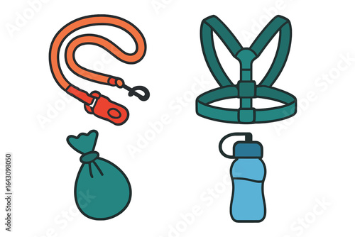 Essential dog walking gear including leash, harness, waste bag, and water bottle for outdoor activities