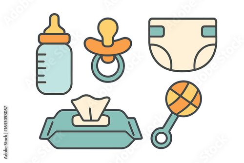 Baby essentials include bottle, pacifier, diaper, wipes, and rattle for nurturing infants at home