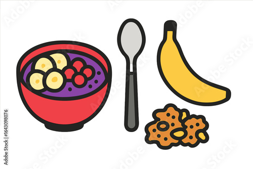 Healthy breakfast bowl with fruits, granola, and spoon on a white background for a nutritious start to the day