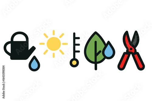Gardening tools and symbols showing essential elements for plant care throughout the growing season