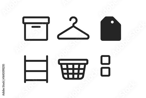 Icons representing storage solutions for organizing household items in a minimalist design