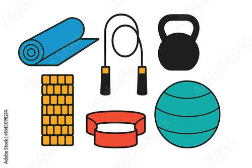 Fitness equipment collection featuring a yoga mat, kettlebell, jump rope, stability ball, and foam roller for home workouts