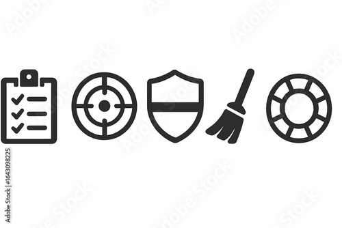 Symbols representing various concepts including tasks, targets, safety, cleanliness, and recreation in simple iconography