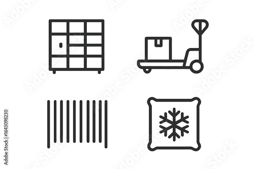 Various warehouse icons depicting storage, transport, and refrigeration equipment in a modern logistics environment
