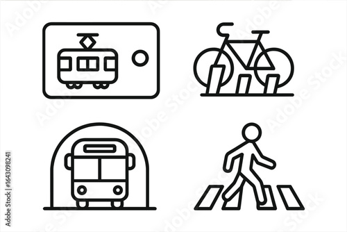 Urban transportation icons depict various modes of travel and safety features in a city setting