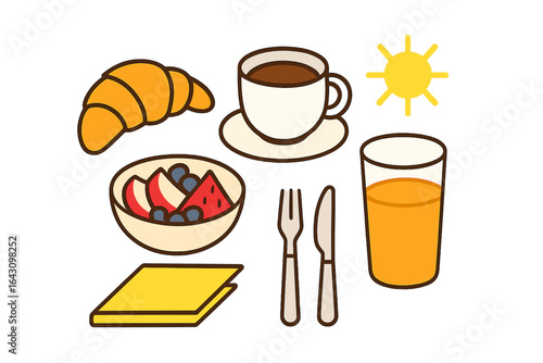Fresh breakfast spread featuring fruits, croissant, coffee, and juice on a bright morning table setting
