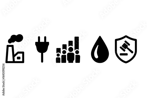 Icons representing environmental issues, electrical consumption, population growth, water resources, and legal regulations for sustainability