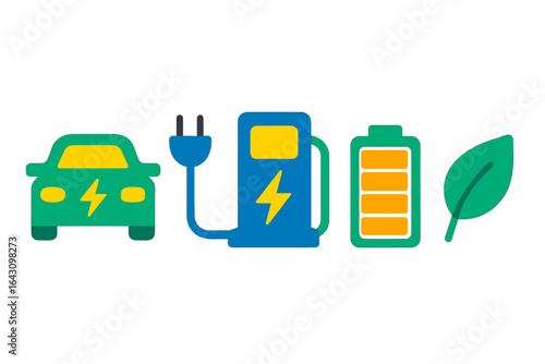 Electric vehicle charging station with symbols representing sustainability and renewable energy options