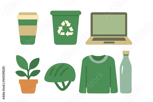 Focus on sustainability and eco-friendly living with various green items and practices in a minimalistic setting