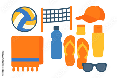 Beach volleyball equipment and accessories prepared for a sunny day by the seaside in summer