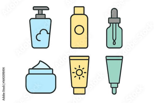 Cosmetic and skincare items arranged in a flat design showcasing lotions, serums, creams, and oils in various colors and containers