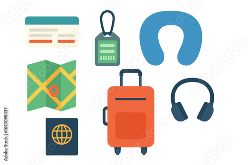 Essential travel items arranged neatly showcasing a passport, map, suitcase, and accessories for a comfortable journey