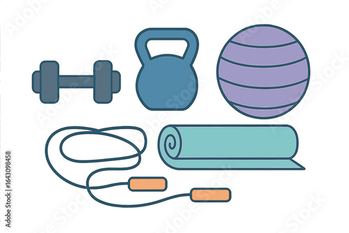 Workout equipment including dumbbell, kettlebell, exercise ball, jump rope, and yoga mat arranged on a white background