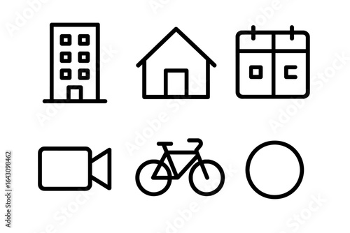 Icons representing various buildings, a calendar, a camera, a bicycle, and a circle for diverse activities and locations