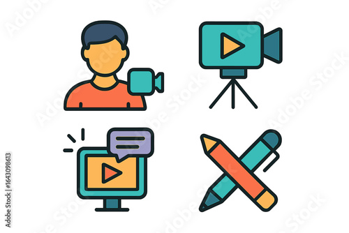 Creative video production elements showcasing a content creator recording engaging visuals and interactive components for audiences