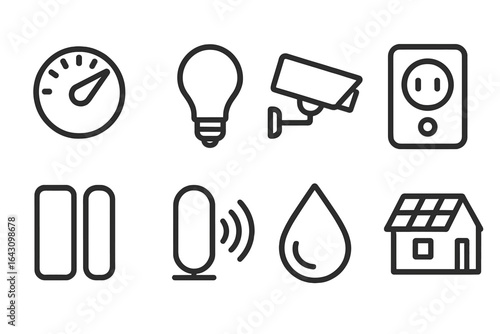 Icons representing various home automation features and utilities set against a plain background for clear visibility and understanding