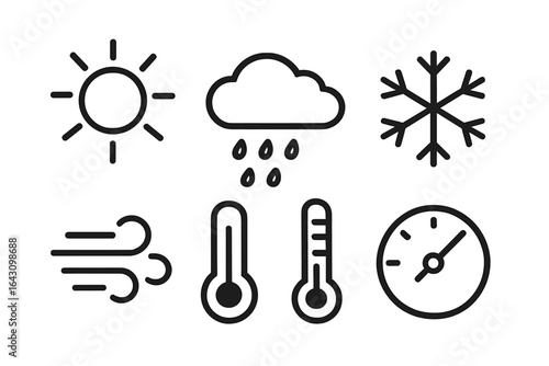 Weather symbols collection featuring sun, cloud, snowflake, wind, thermometers, and barometer