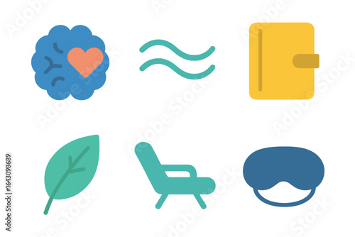 Wellness symbols illustrating relaxation, nature, and self-care practices for enhancing mental health