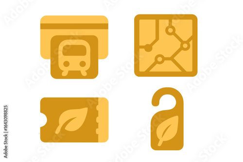 Transportation ticketing and navigation symbols designed in yellow tones for a modern interface about travel services