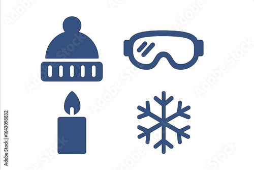 Cozy winter essentials with a hat, goggles, candle and snowflake design for the chilly season ahead