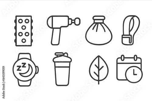 Various health and fitness accessories arranged neatly in a flat layout showcasing wellness essentials for athletes and health enthusiasts