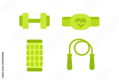 Fitness equipment collection with dumbbell, heart rate monitor, foam roller, and jump rope in vibrant green colors