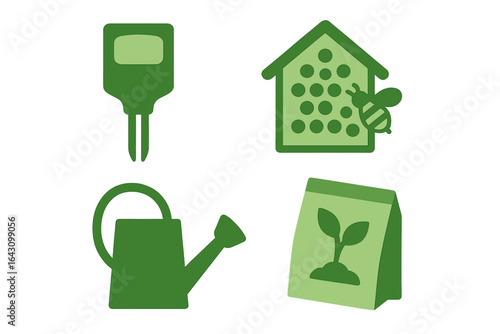 Gardening tools and essentials displayed with symbolic icons for cultivation and pollination activities