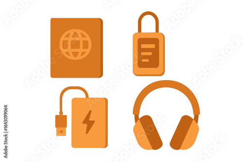 Collection of travel essentials including a passport, lock, power bank, and headphones set against a simple background