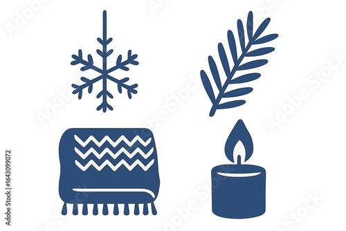Cozy winter elements featuring a snowflake, blanket, pine branch, and candle for relaxing atmosphere