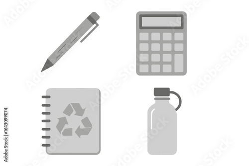 Various school supplies arranged together on a clean surface showcasing a pen, calculator, notebook, and water bottle