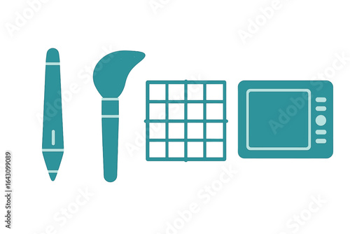 Creative tools used for digital art in a contemporary workspace environment showing a stylus, brush, grid, and monitor