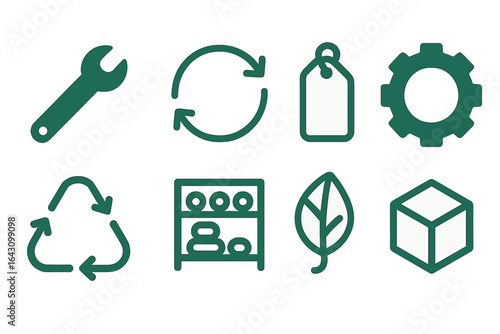 Visual representation of tools and symbols promoting sustainable practices in an environmentally friendly workspace