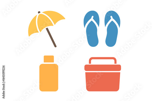 Essential items for a sunny day at the beach featuring an umbrella, flip flops, sunscreen, and a cooler