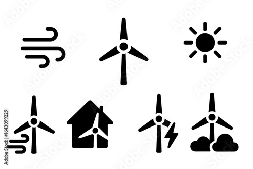 Wind energy icons illustrating various aspects of renewable energy and sustainability
