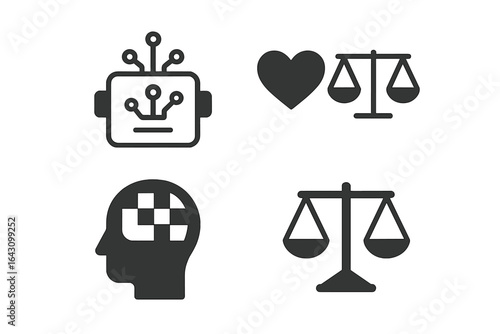 Concepts of ethics in technology and law featuring symbols of artificial intelligence, love, and balance