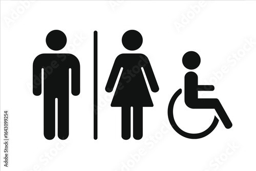 Sign indicating restroom facilities for men, women, and accessible options for individuals with disabilities