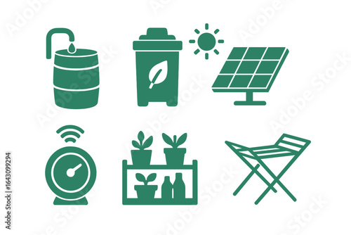 Icons representing sustainable living practices showcasing water conservation, waste management, solar energy, and gardening