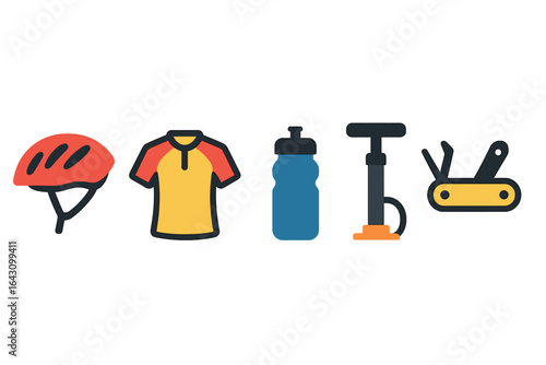 Cycling gear and essentials including helmet, jersey, water bottle, pump, and multi-tool for outdoor adventures