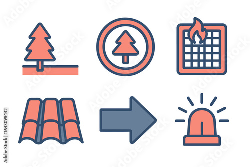 Illustrations depicting forest fire prevention symbols and roof safety measures taken from nature