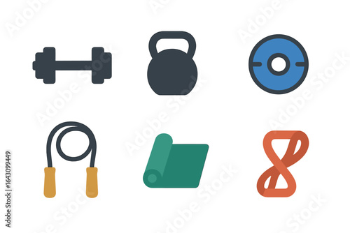 Workout equipment including dumbbell, kettlebell, weight plate, jump rope, yoga mat, and resistance band arranged neatly