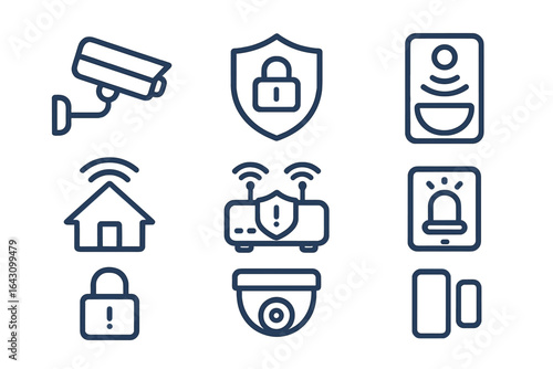 Various icons representing home security systems with cameras, alarms, and protective elements displayed in a simple layout