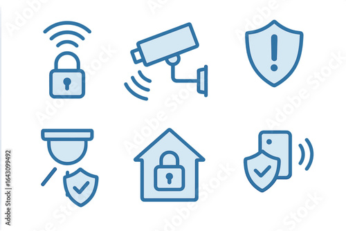Visual representation of home security concepts including lock, camera, and shield icons in a modern design