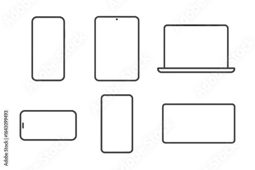 Various modern devices including smartphones, tablets, and laptops displayed in a minimalist style on a light background