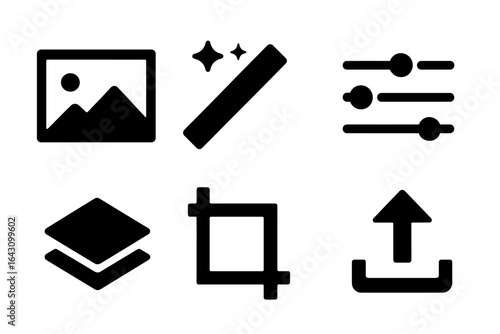 Various icons representing photo editing tools commonly used in digital design and media creation workflows