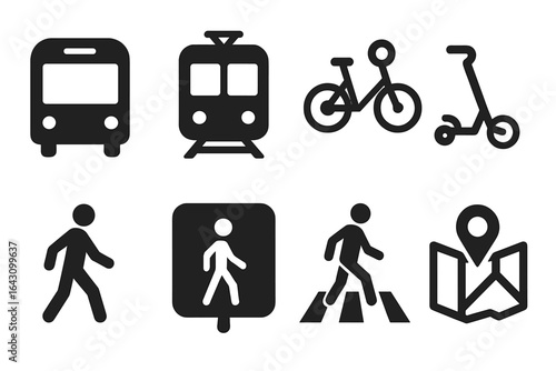 Various modes of urban transportation illustrated in a simple and clear icon style for commuters