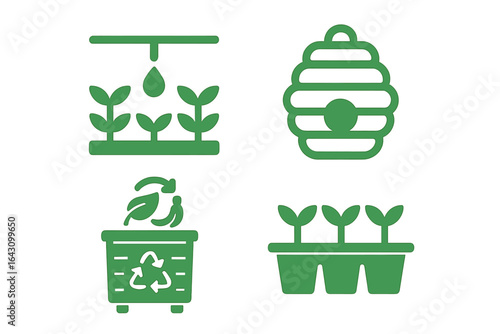 Green symbols representing sustainable gardening practices and eco-friendly methods for urban agriculture and waste management