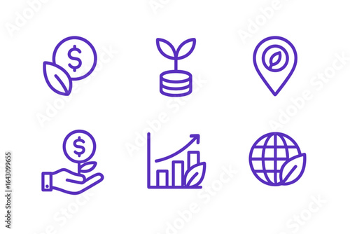 Icons representing sustainable finance concepts in a modern design for environmental initiatives