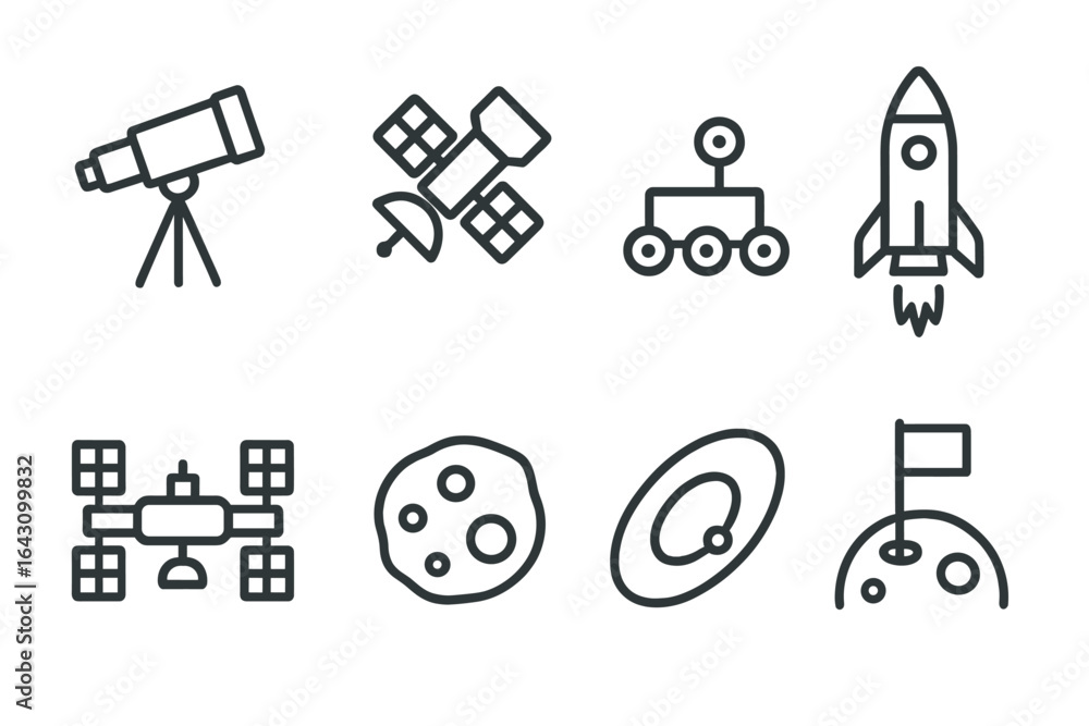 Fototapeta premium Icons depicting space exploration tools including rockets, telescopes, and satellites for educational purposes