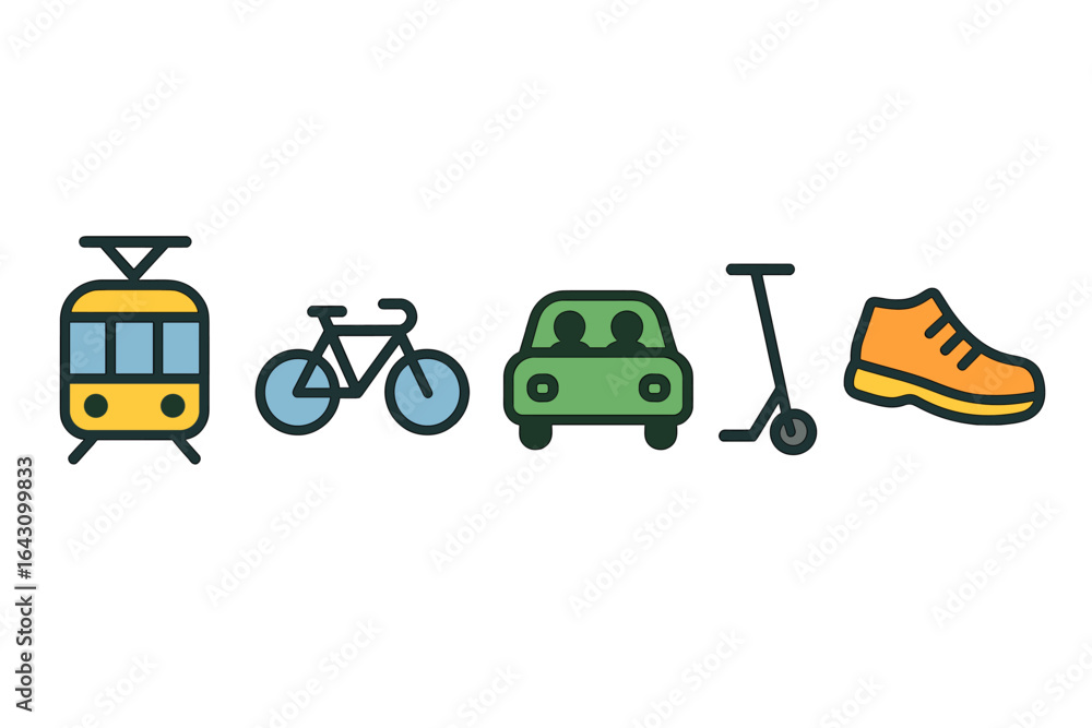 Naklejka premium Exploring various modes of transport from tram to bicycle, car, scooter, and walking shoe in a modern urban setting