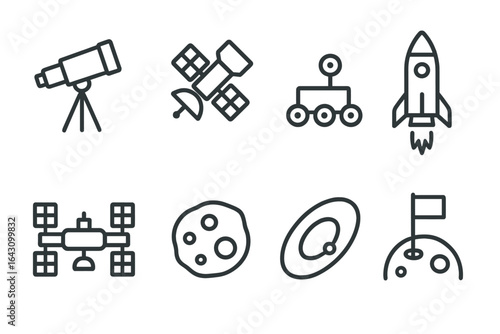 Icons depicting space exploration tools including rockets, telescopes, and satellites for educational purposes